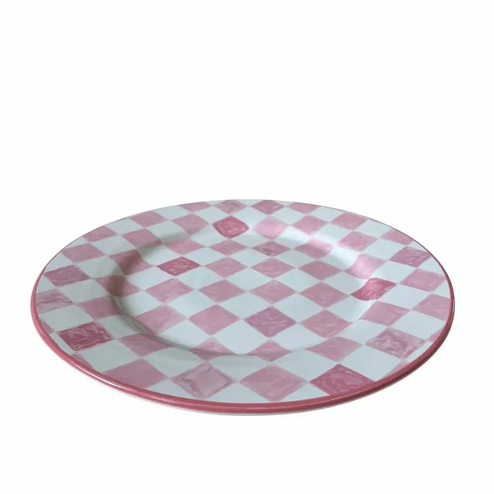 NEW Mackenzie-Childs Pink Check Dinner Plate 11in Portugal Stoneware